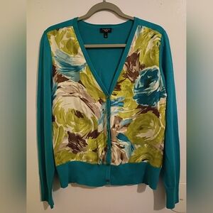 Talbots Women's Floral Cardigan Sweater - Teal and Green 80%Silk Sz L